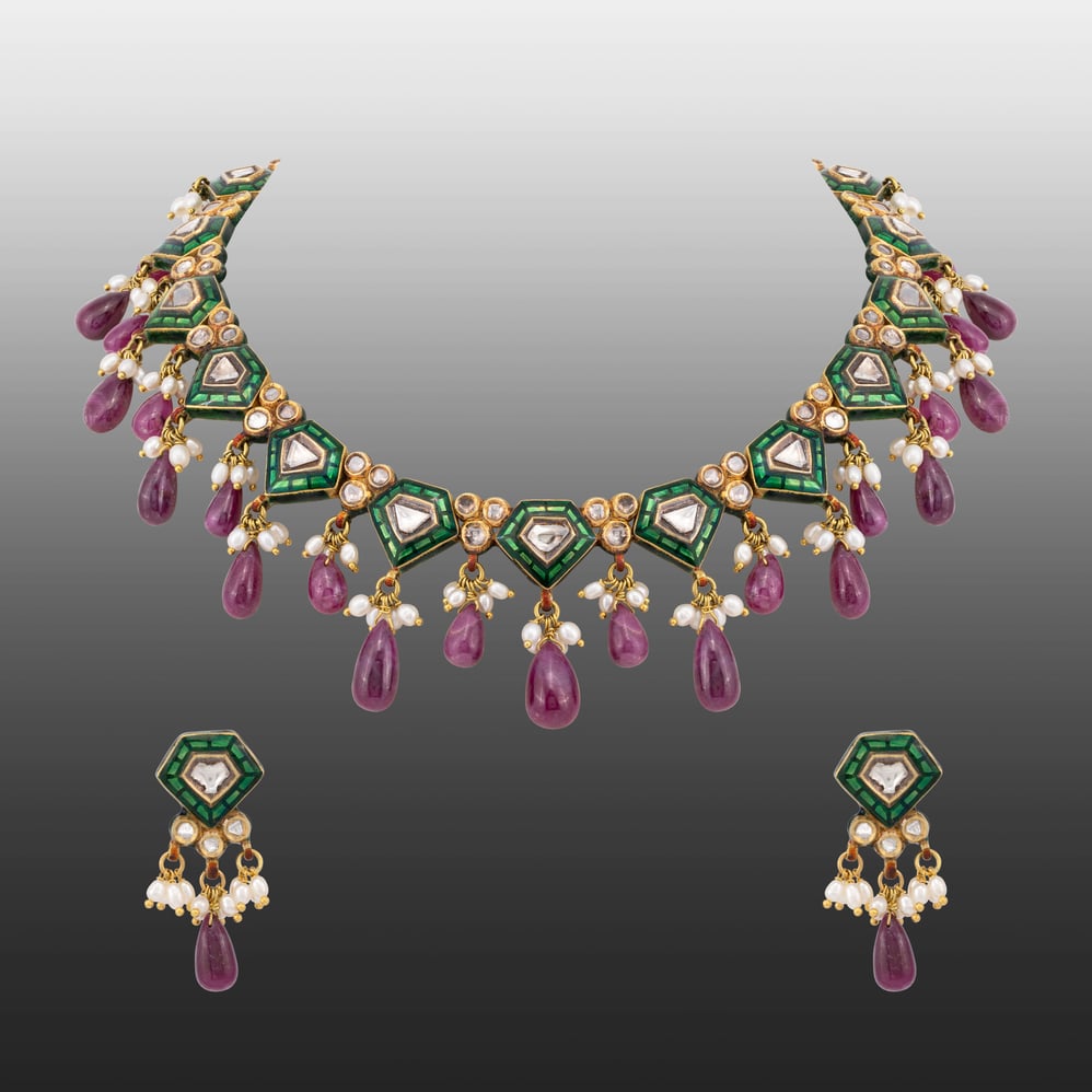 Green Talaf Polki Neacklace Set with Ruby Colour Drops